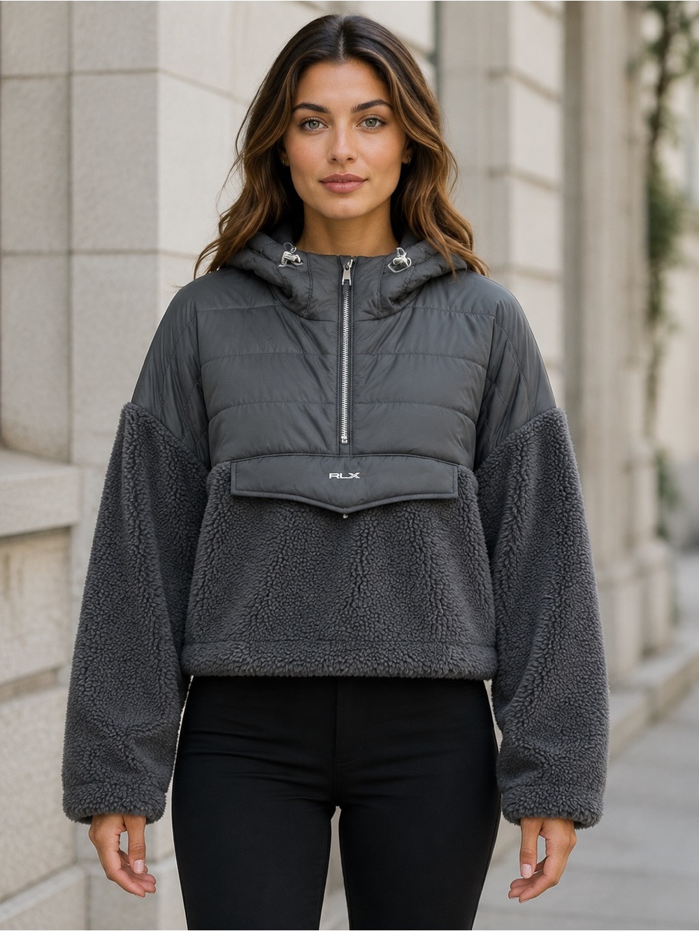 RXL Ralph Lauren Charcoal Sherpa & Quilted Hooded Puffer Pullover